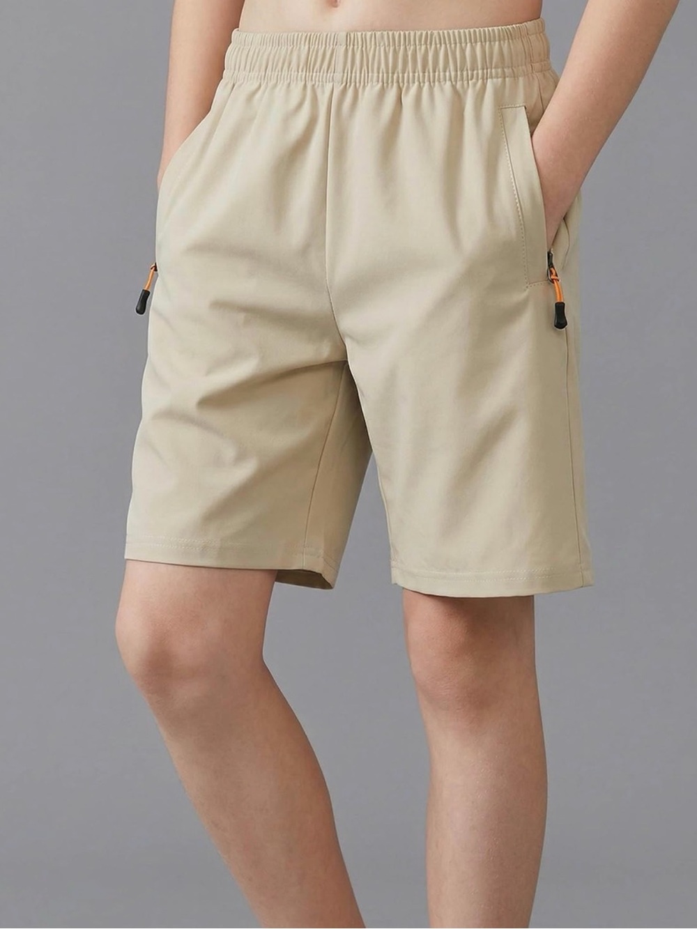 Khaki Athletic Quick Dry Shorts w/ Adjustable Elastic Waist & Zip Pockets Small